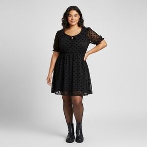 Hot Topic Black Mesh Flocked Velvet Heart Babydoll Mini Dress 2X Plus Size Goth